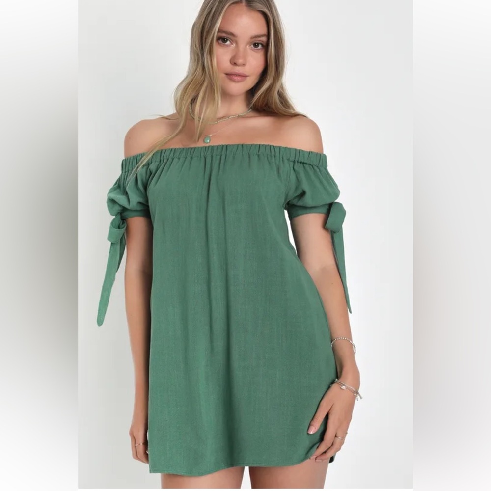 Al Fresco Evenings Olive Green Off-the-Shoulder Dress